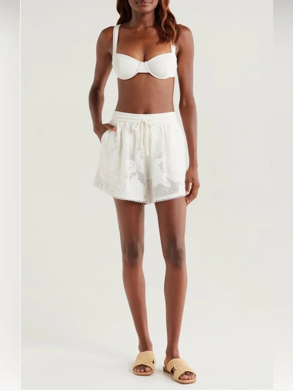 Farm Rio Women's White Embroidered Cotton Drawstring Shorts Size M NWT $160 - Picture 5 of 12